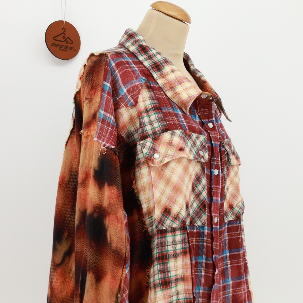 Oli & Hali Wash Mix Plaid Shirt Large Pockets Patchwork Distressed Cotton Blend - Picture 6 of 11